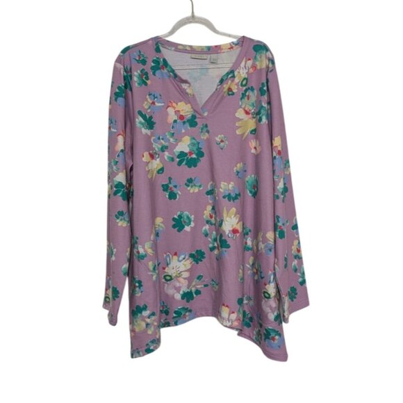 LOGO by Lori Goldstein Tops - LOGO Lounge Floral Shirt Womens Size XL Purple Stretch V Neck French Terry Top